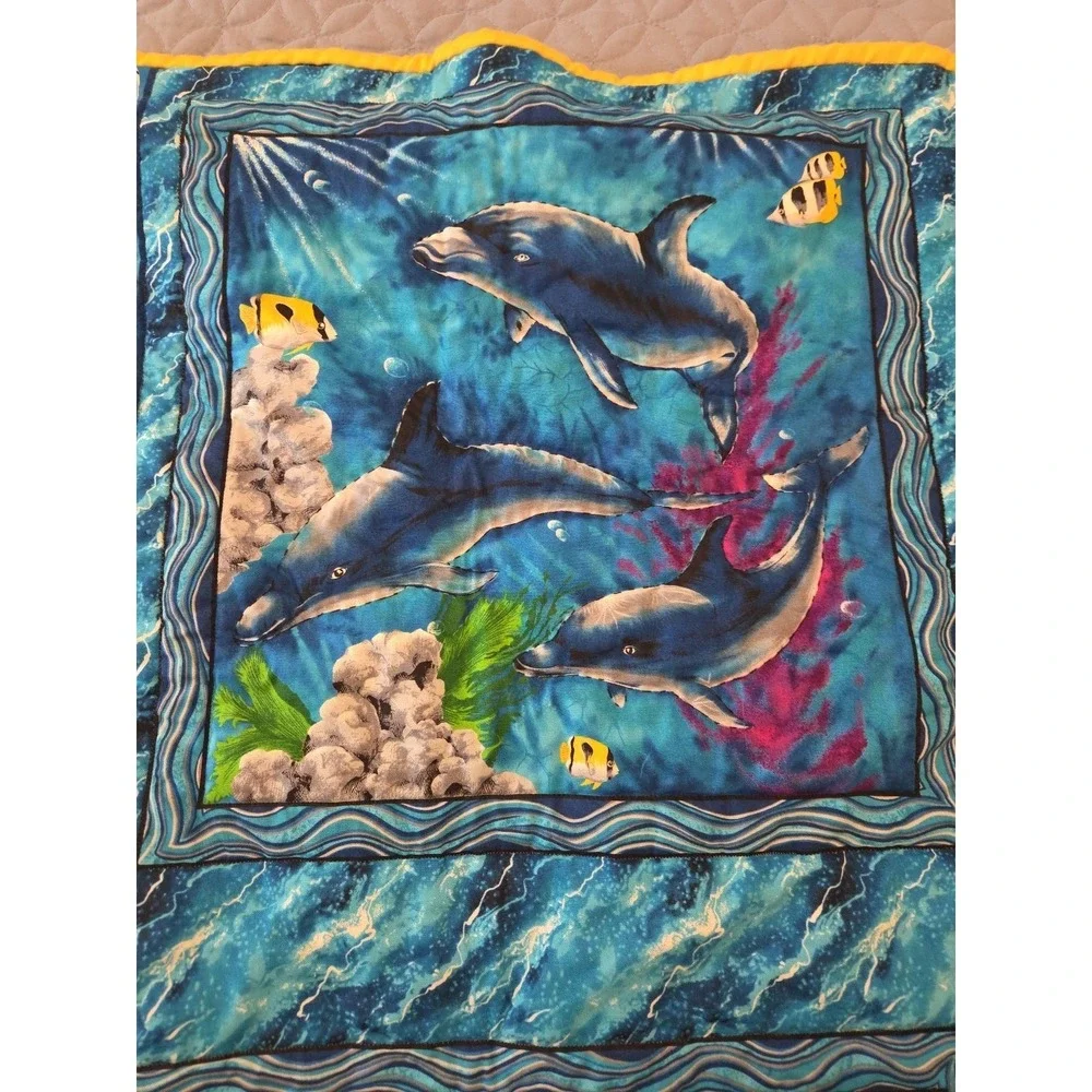 Handmade Crib Lap Blanket Ocean Life Dolphins Whales Blue Yellow 42